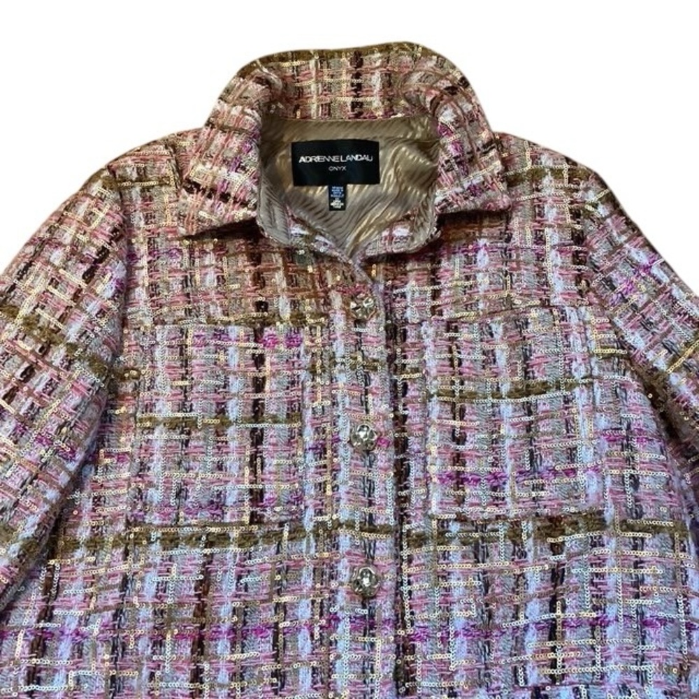 Adrienne Landau ONYX Crystal Tweed Jacket Blazer Pink Gold Sequin Fringe Medium - Picture 10 of 16
